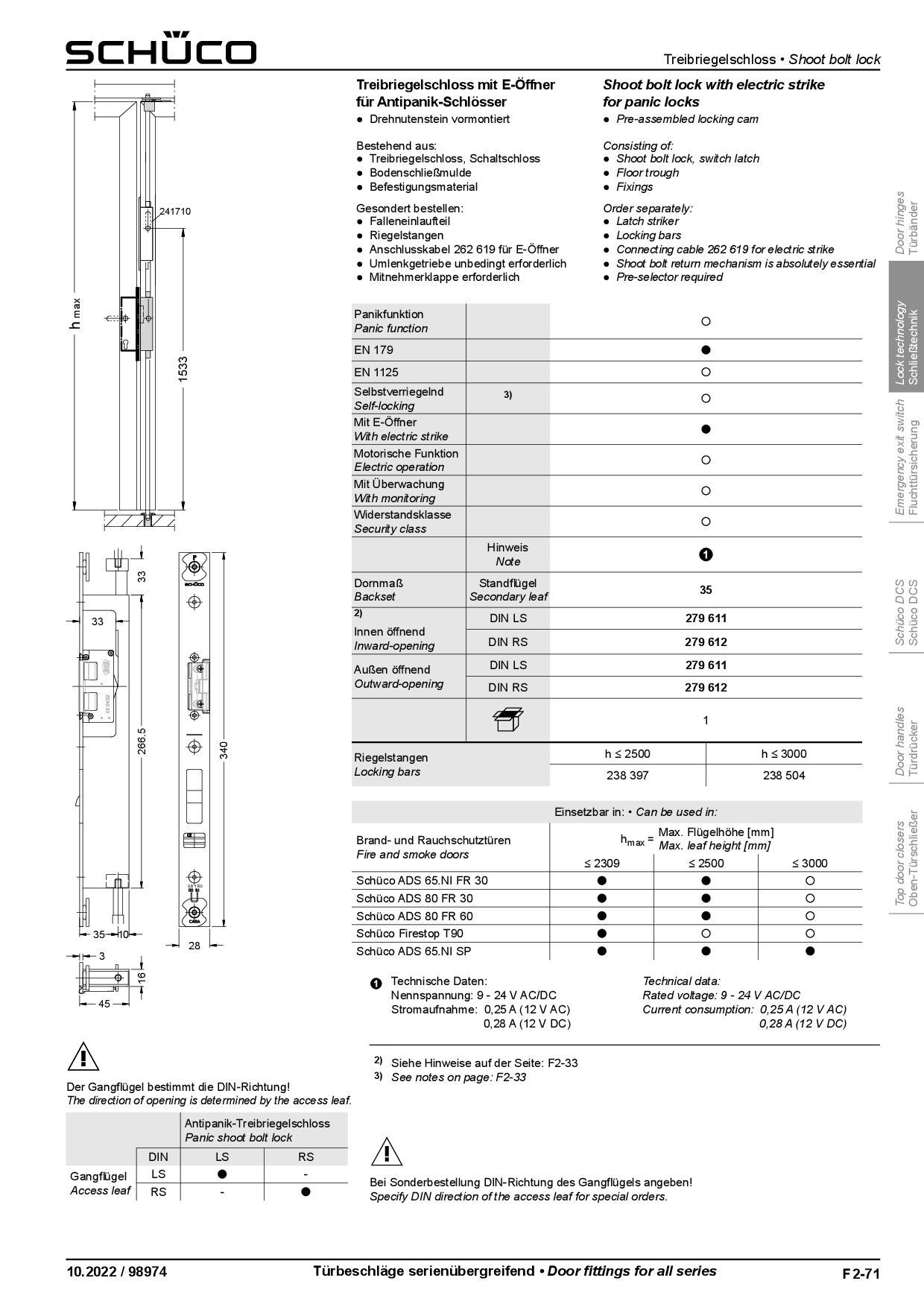 Schüco 279611 Treibriegelschloss mit E-Öffner DIN links für Antipanik-Schlösser (mit Riegel)