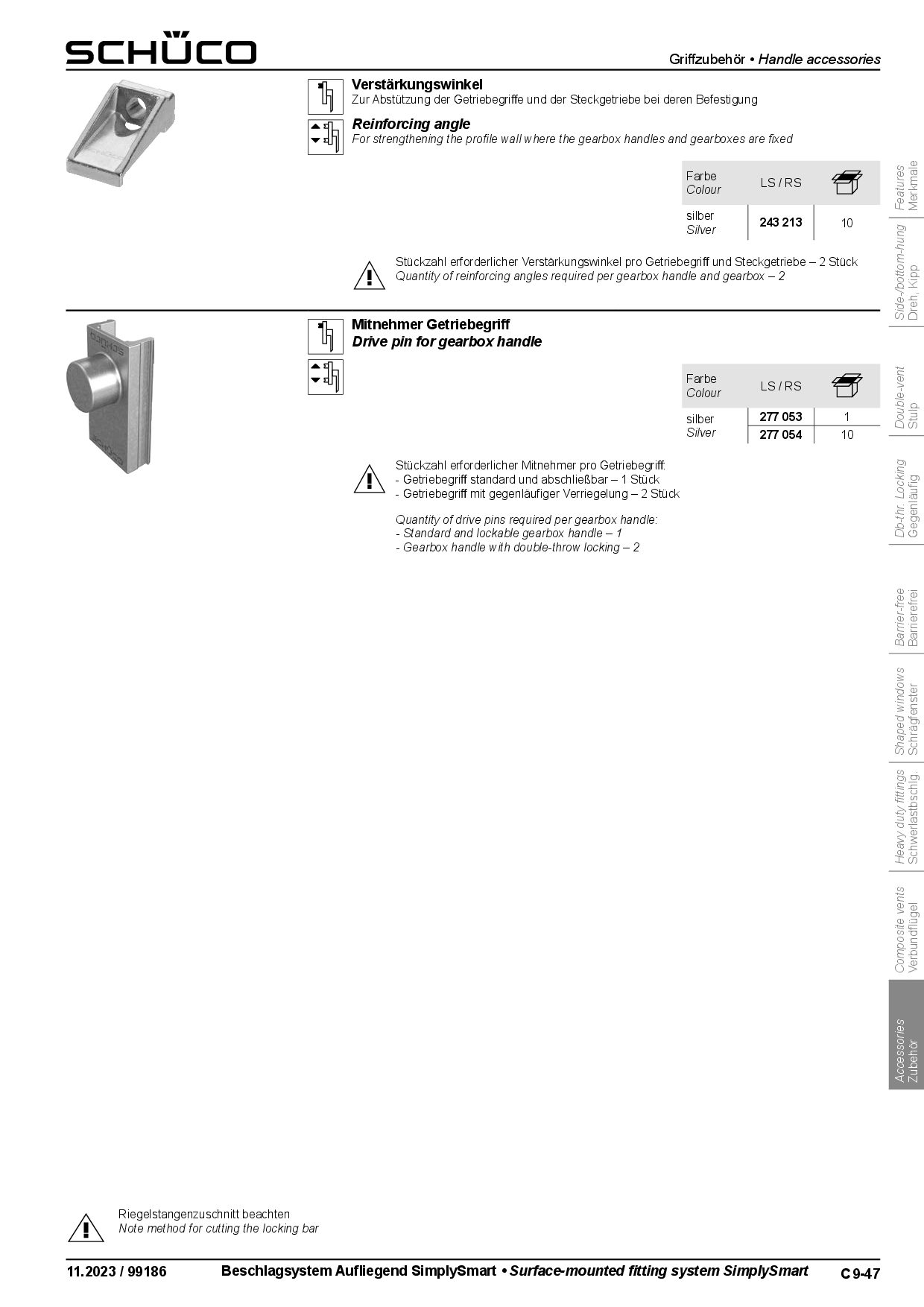 Schüco 243211 / 243213 Verstärkungswinkel für Getriebegriffe - 2 Stück/VE (Vorgängerartikel 269213)