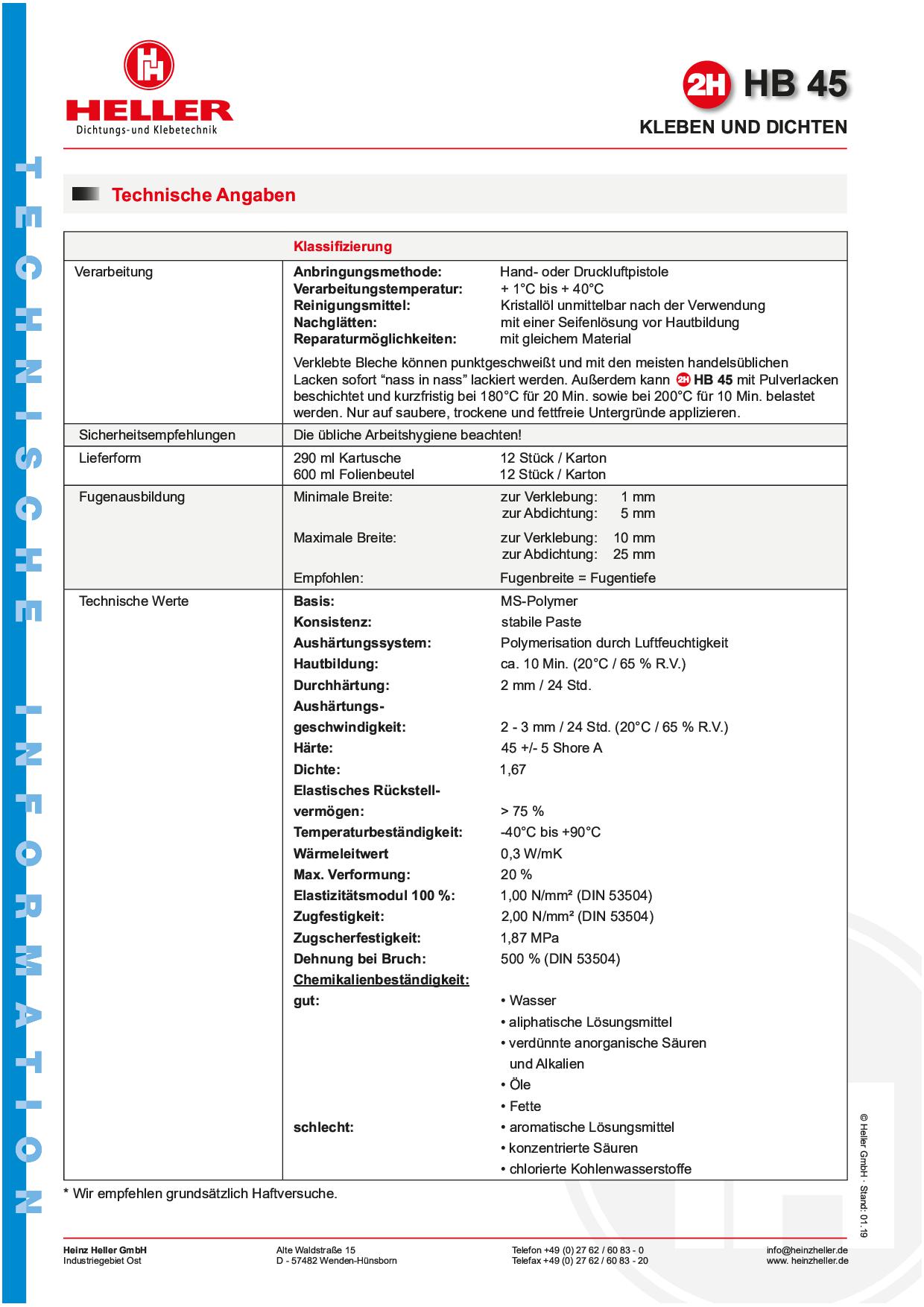 Montagekleber 2H HB 45 HB45 Konstruktionskleber schwarz, transparent oder weiß - Kartusche á 290 ml