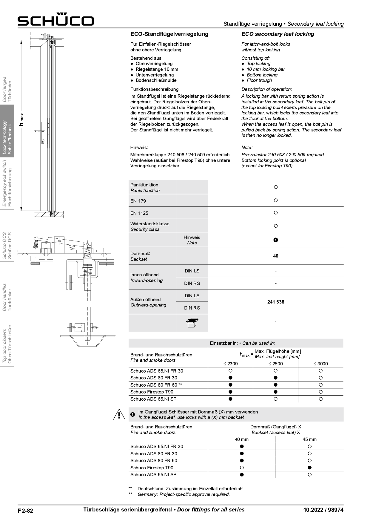 Schüco 241538 ECO-Standflügelverriegelung für 2-flg. Brandschutztüren, verdecktliegend (Vorgängerartikel 211749)