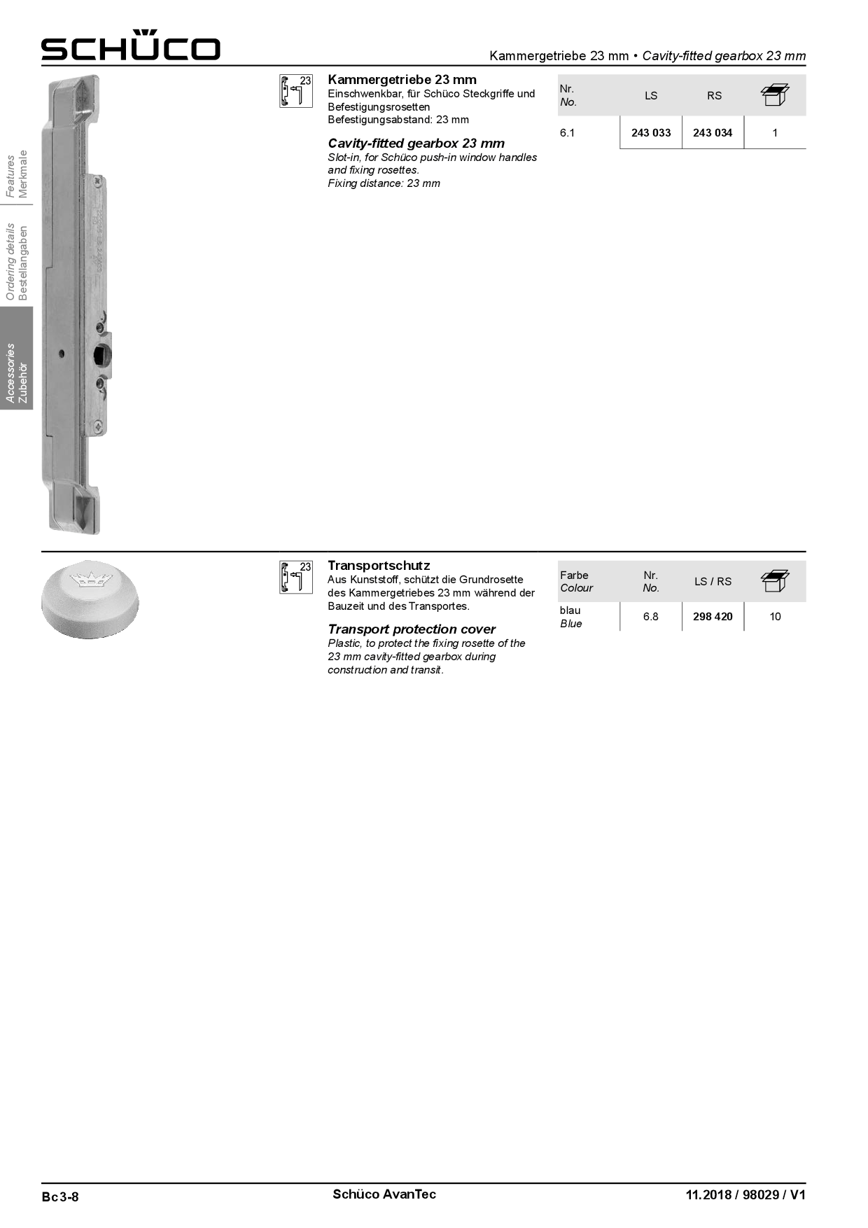 Schüco 243033 / 275035 Kammergetriebe 23 mm AvanTec, DIN links (Vorgängerartikel 223285 / 223287)